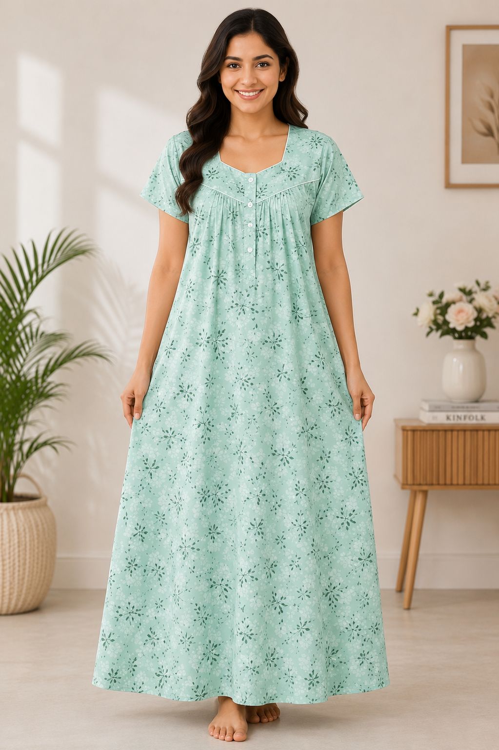 Women's Mint Green Floral Leaf Print Maxi Nighty Soft rayon Front Open