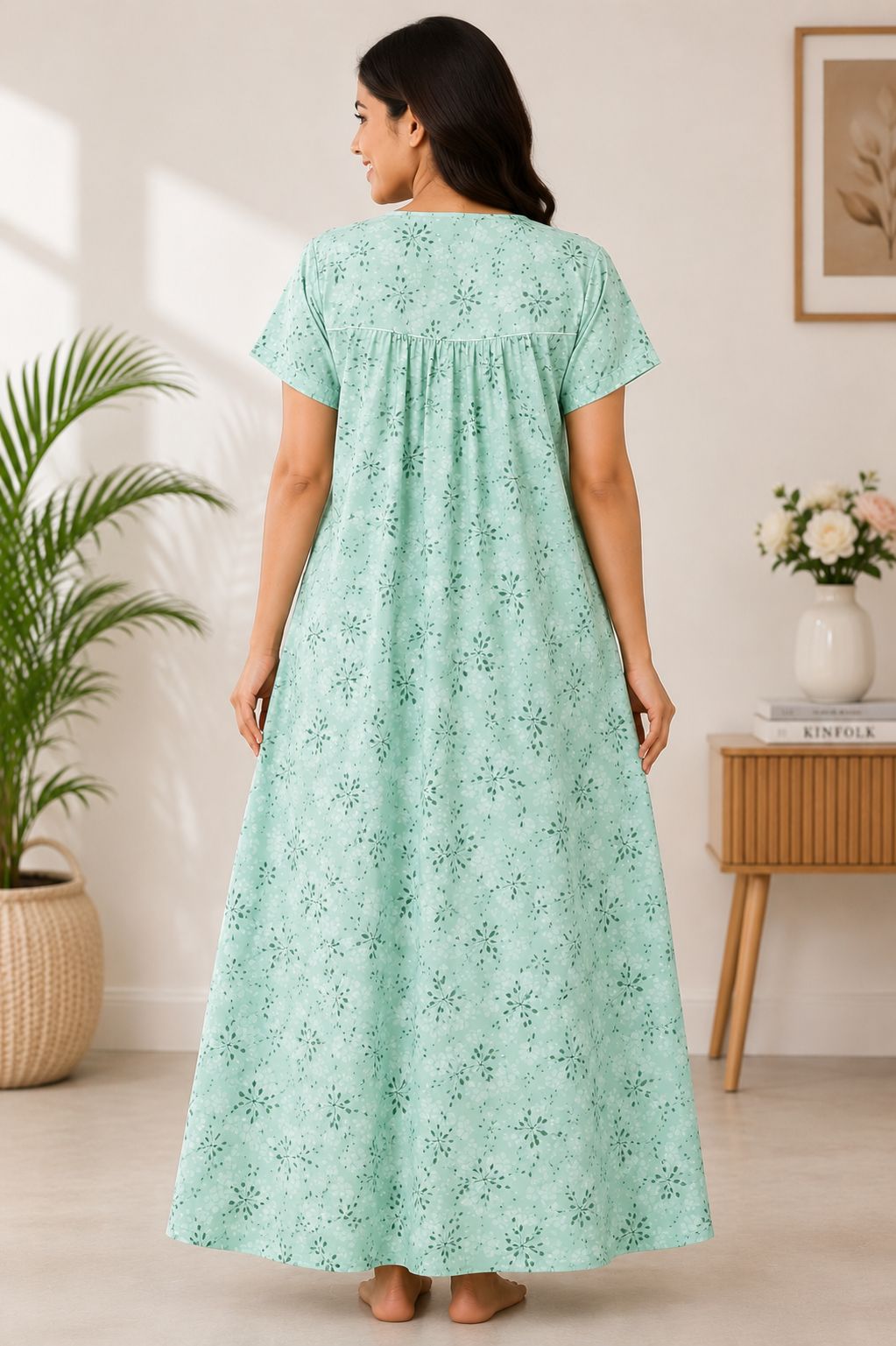 Women's Mint Green Floral Leaf Print Maxi Nighty Soft rayon Front Open