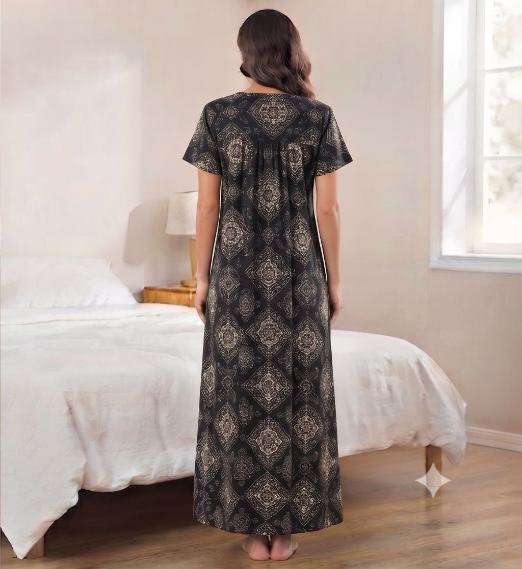 Women's Black Ethnic Print Maxi Nighty Soft Cotton