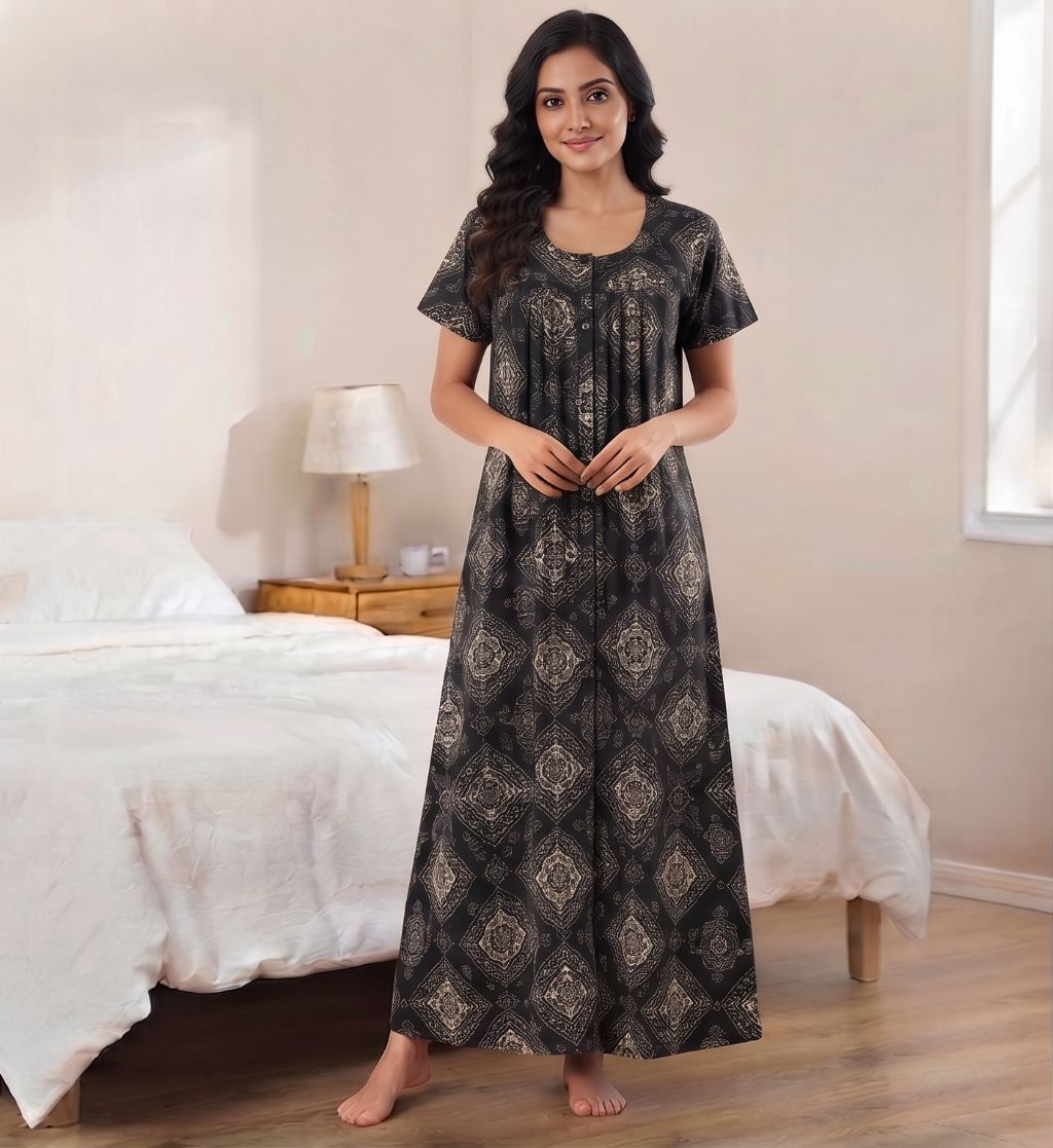 Women's Black Ethnic Print Maxi Nighty Soft Cotton
