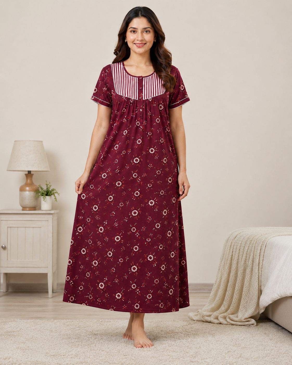 Women's Wine Floral Print Yoke Maxi Nighty Soft Cotton