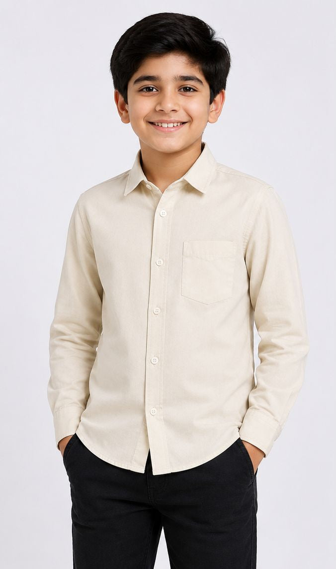 Boys Cream Regular Fit Casual Cotton Shirt