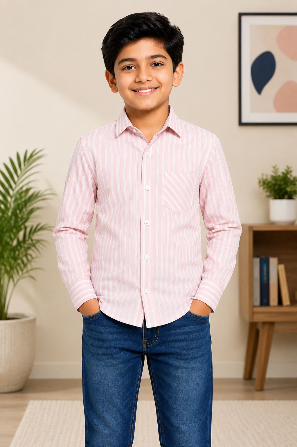 Boys Baby pink Striped Collared Casual Wear Shirt