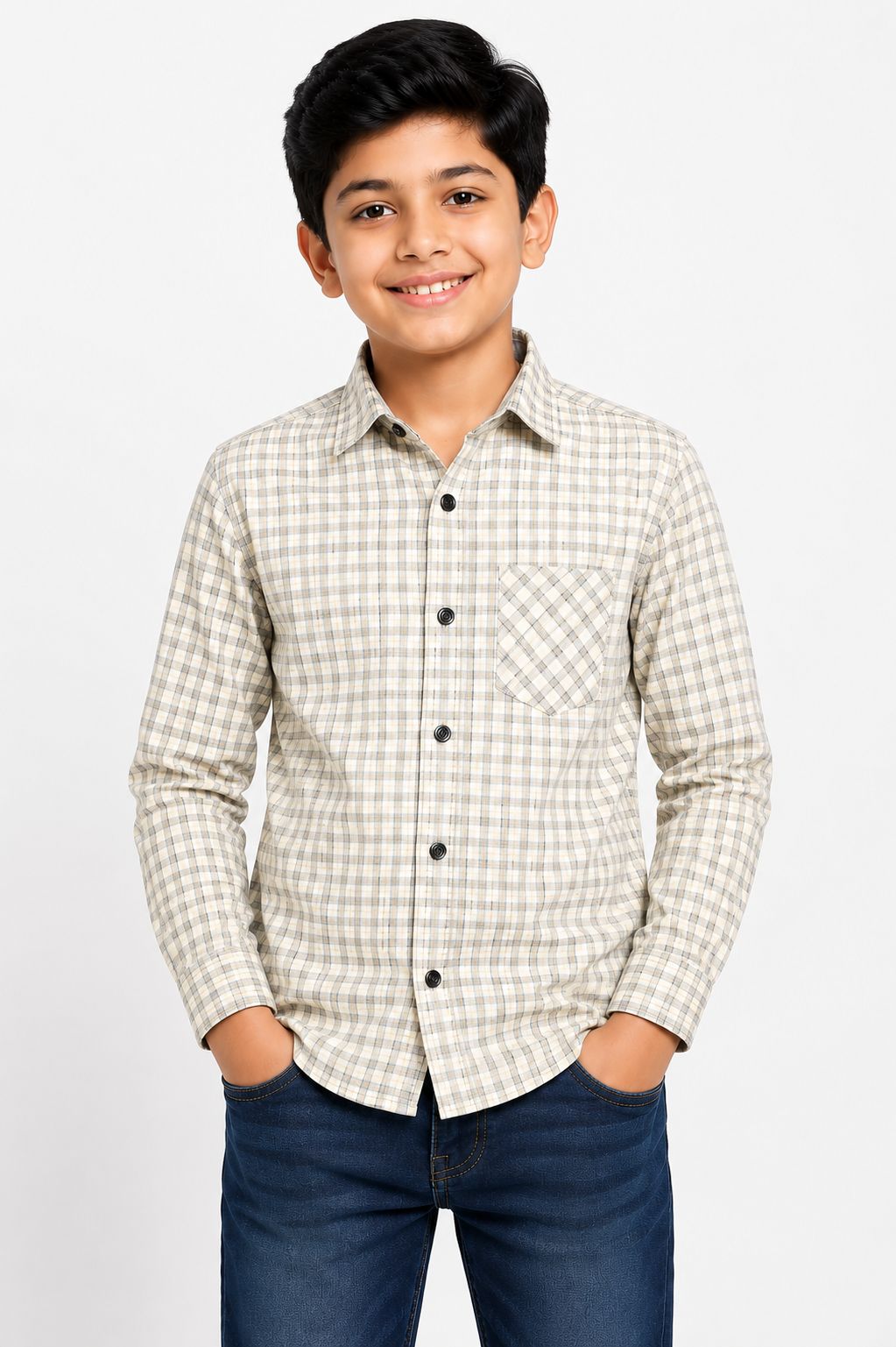 Boys Solid Long Sleeve Button Down Shirt  (Cream & Grey Checks)