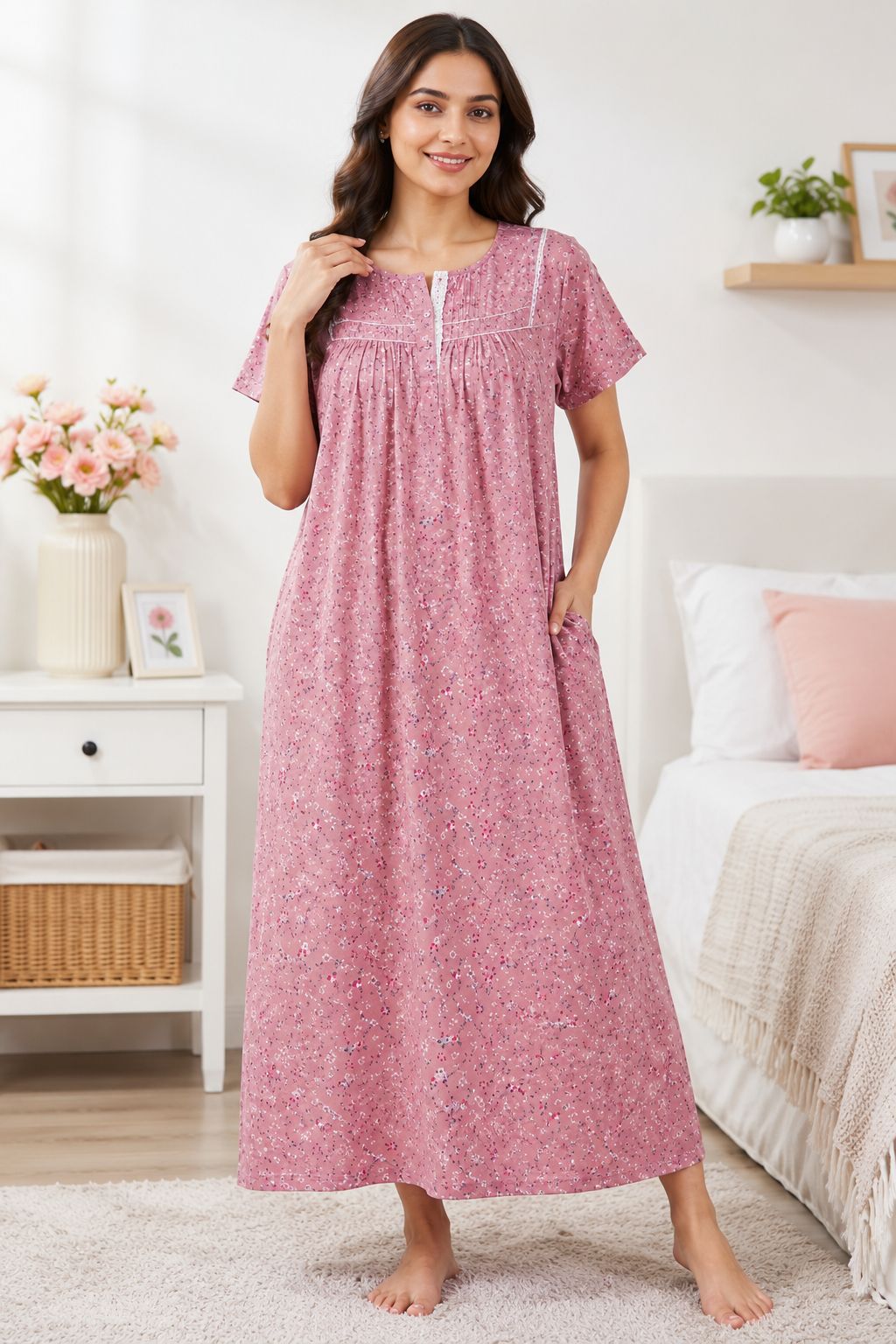 Women's Dusty Pink Floral Print Maxi Nighty Soft rayonFront Open