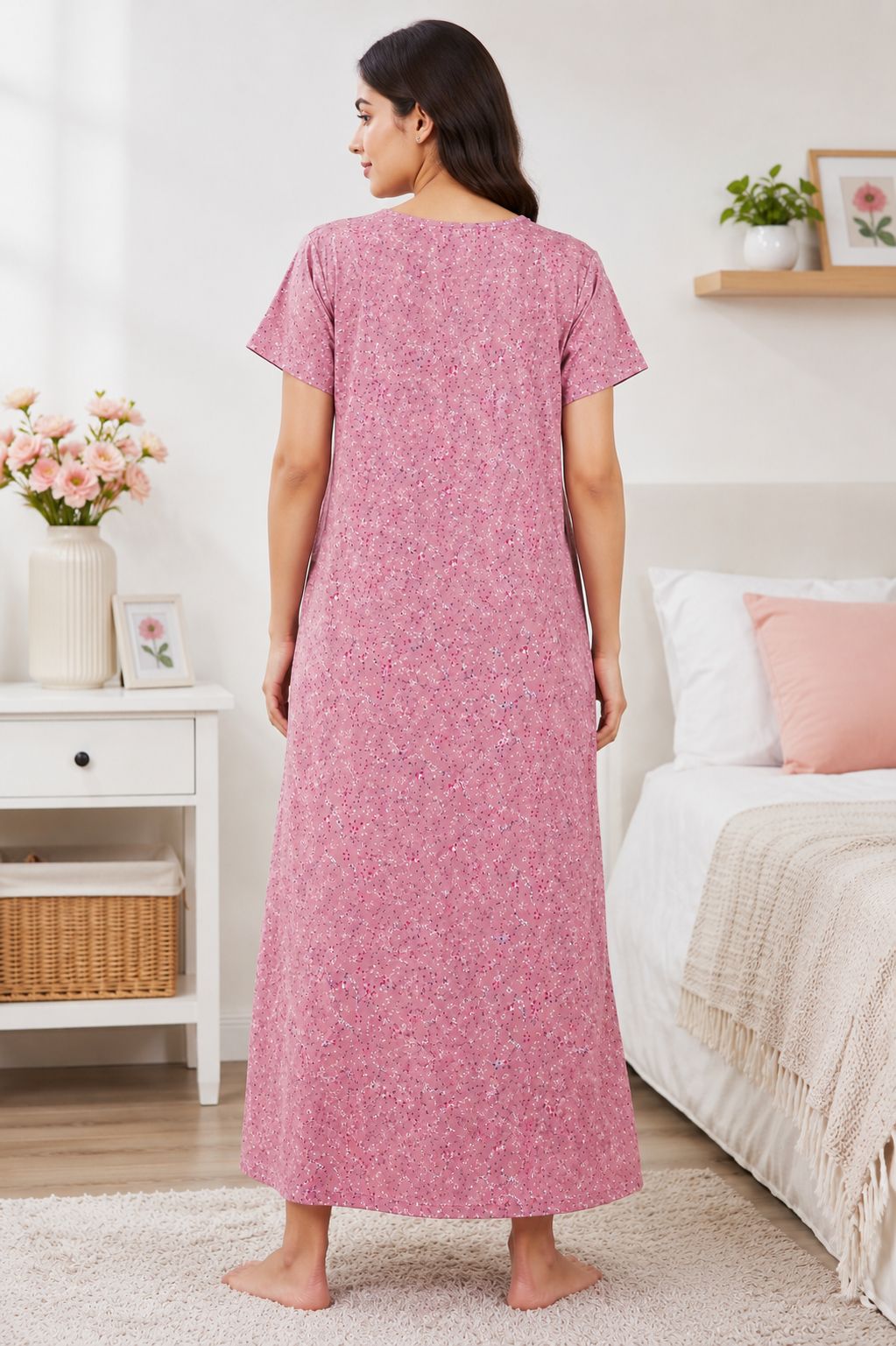 Women's Dusty Pink Floral Print Maxi Nighty Soft rayonFront Open