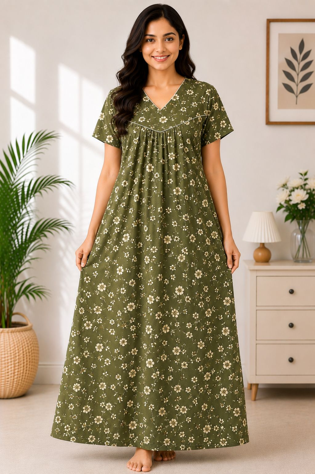 Women's Olive Green Floral Print Maxi Nighty Rayon Fabric Front Open