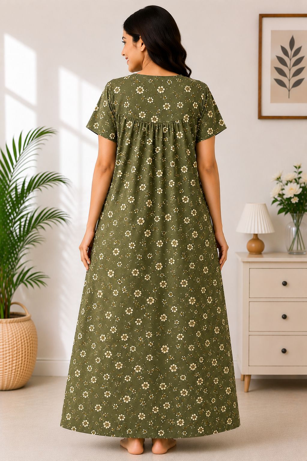 Women's Olive Green Floral Print Maxi Nighty Rayon Fabric Front Open