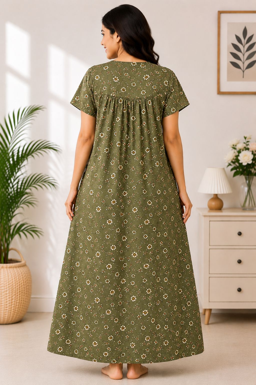 Women's Mehendi Green Floral Print Maxi Nighty cotton Fabric