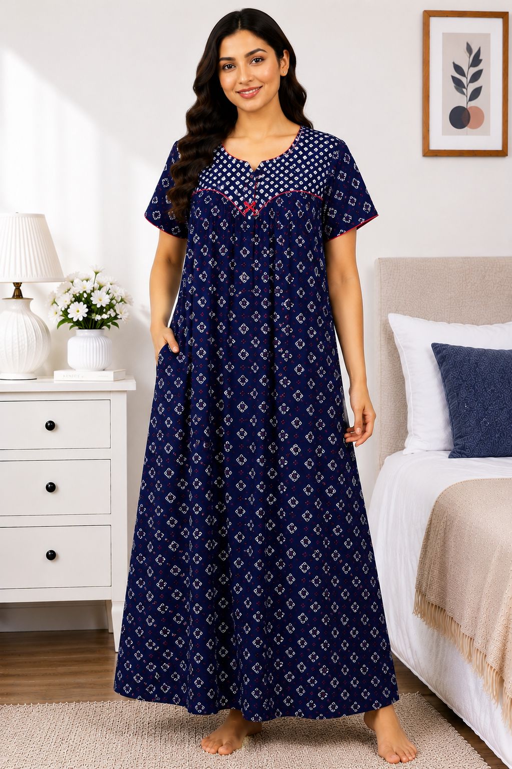 Women's Navy Blue Geometric Print Maxi Nighty cotton Fabric