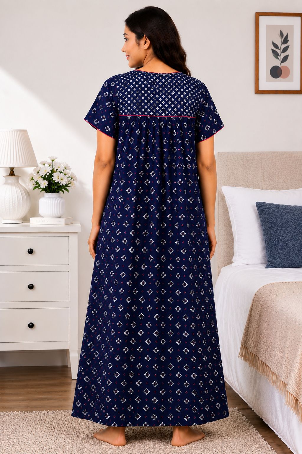 Women's Navy Blue Geometric Print Maxi Nighty cotton Fabric