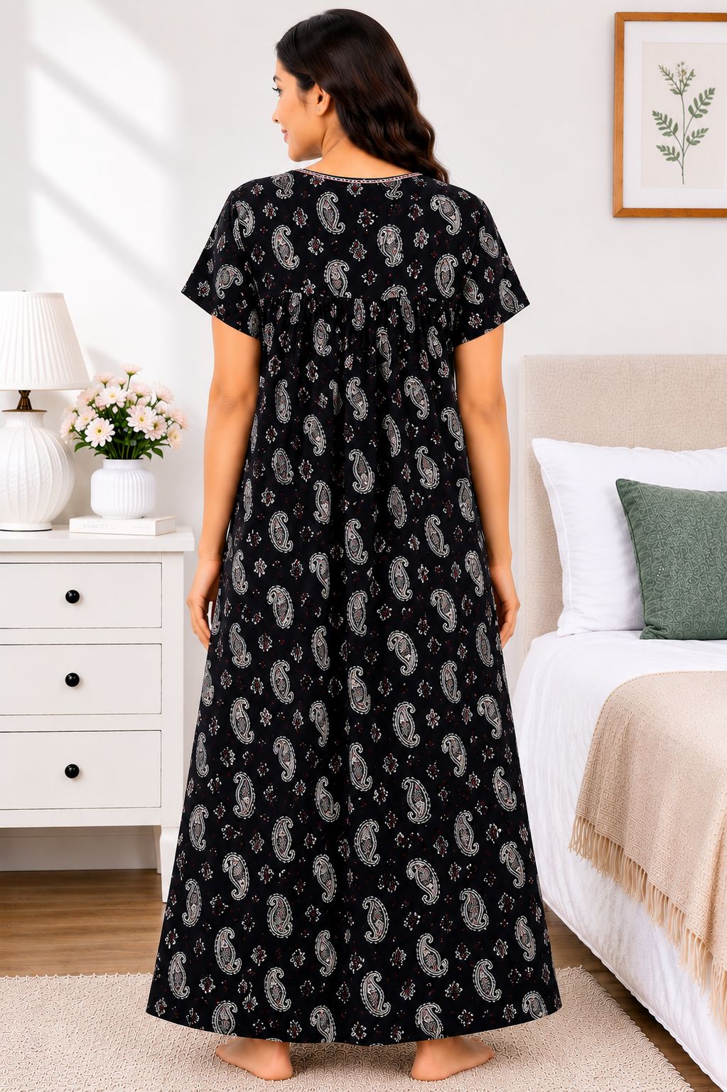 Women's black Paisley Print Maxi Nighty Rayon Fabric